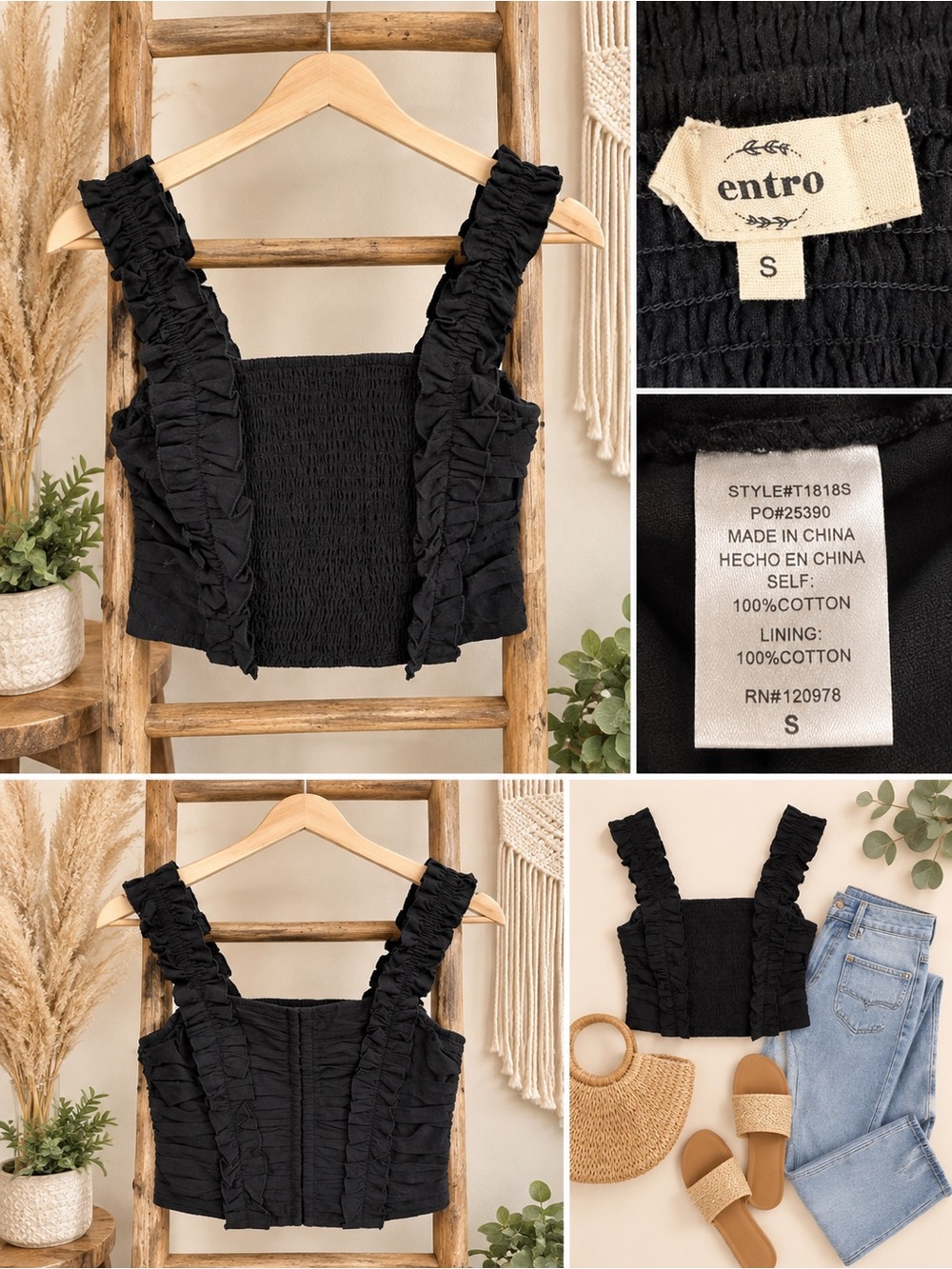 entro Black Ruffle Smocked Crop Top with Square Neck Size S